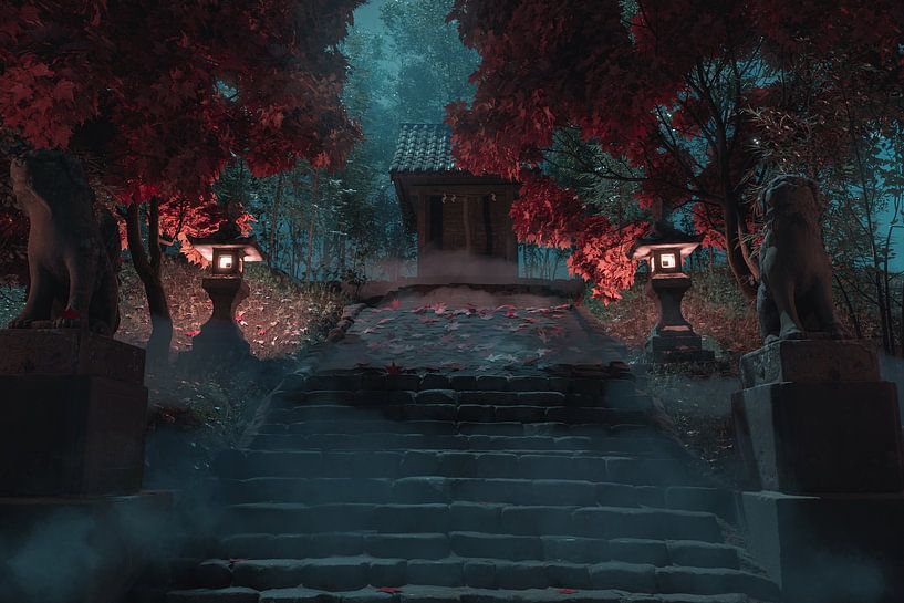 Japanese shrine with small prayer house at night by Besa Art