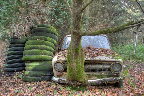 Verlaten auto ergens in het bos