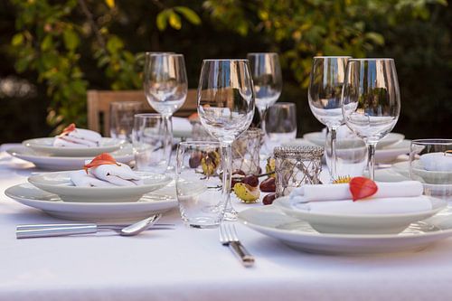Feestelijk gedekte tafel in de tuin