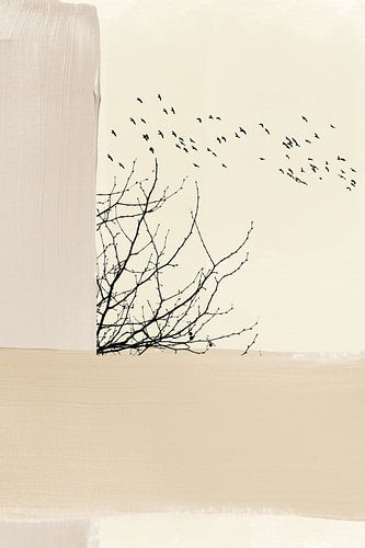 Arbre abstrait et oiseaux - Japani Wabi Sabi Digital Wall Art | Minimalist Printable Decoration