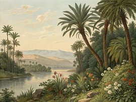 Oasenlandschaft mit Palmen und Fluss von Artistic