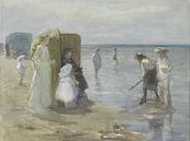 Gezicht langs de vloedlijn aan het Scheveningse strand, met twee dames en kinderen - Johan Antonie d van Marieke de Koning thumbnail
