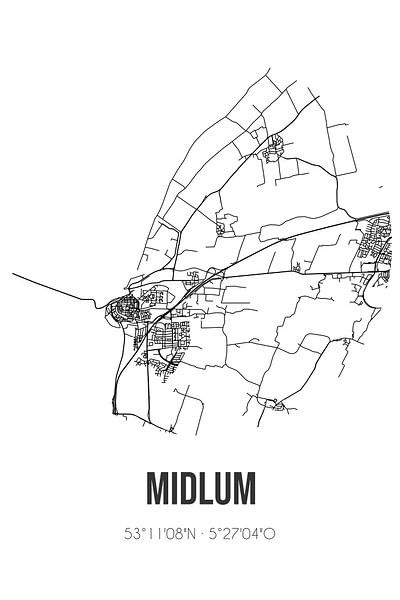 Midlum (Fryslan) | Carte | Noir et blanc par Affiches de lieux