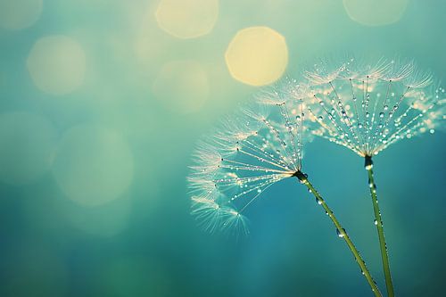 Paardenbloemzaadjes met waterdruppels