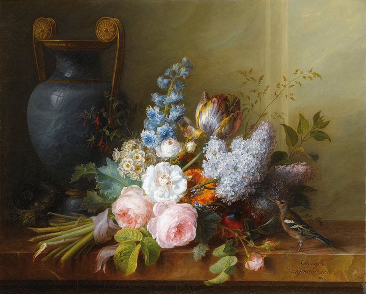 Blumenstillleben mit Vogelnest und Buchfink, Cornelis van Spaendonck von Meesterlijcke Meesters