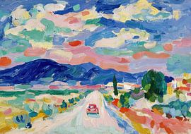 Rotes Auto in expressiver Landschaft von Niklas Maximilian