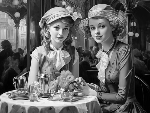 Twee mooie lachende meisjes, zwart-wit foto uit de jaren 1920