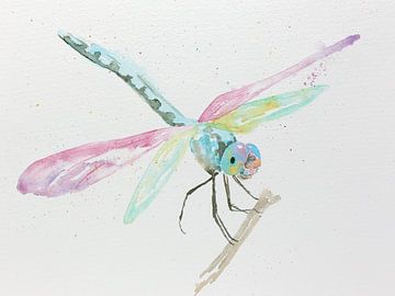 De Libelle (aquarel schilderij dieren kinderkamer pastel kleuren roze paars blauw natuur insecten) van Natalie Bruns