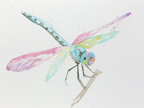 The Dragonfly (watercolor painting animals nursery pastel colors pink purple blue nature insects)