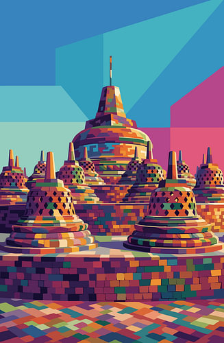 Borobudur-Tempel – WPAP-Pop-Art-Illustration – Metallposter