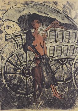 Femme tzigane avec un enfant devant le chariot couvert, Otto Mueller - 1926-27 sur Atelier Liesjes