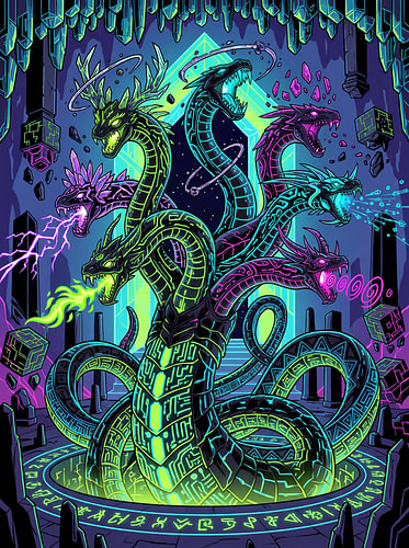 Grafische illustratie van het oproepen van de Kosmische Hydra-draak-slang in de Kristalgrot