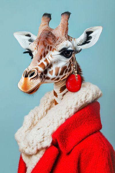 Giraffe portrait in a red coat - Stylish by Poster Art Shop
