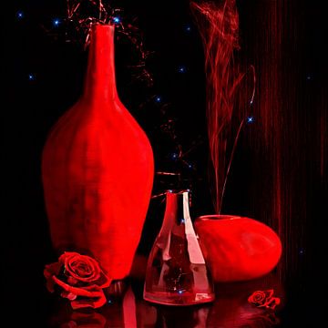 Stilleven fles met roos van Ria van Werven