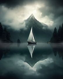 Lonely boat in the mountain lake