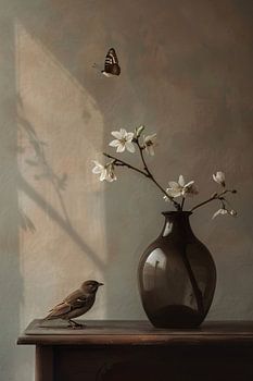 Stilleven met Vogel en Witte Bloesem