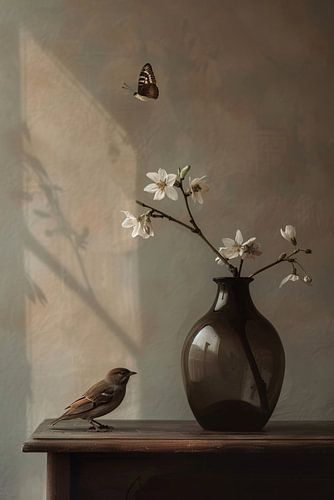 Stilleven met Vogel en Witte Bloesem van Art & Soul Creations