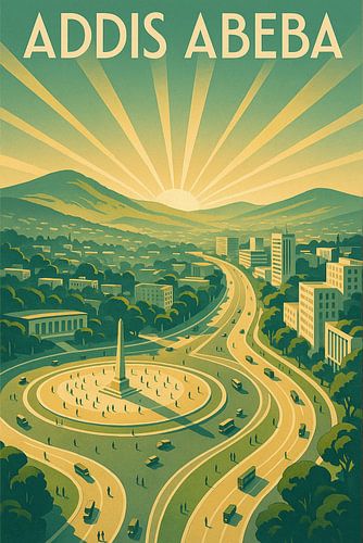Addis Abeba Art Deco Poster - Stad van de Heuvels en Rijzende Zon