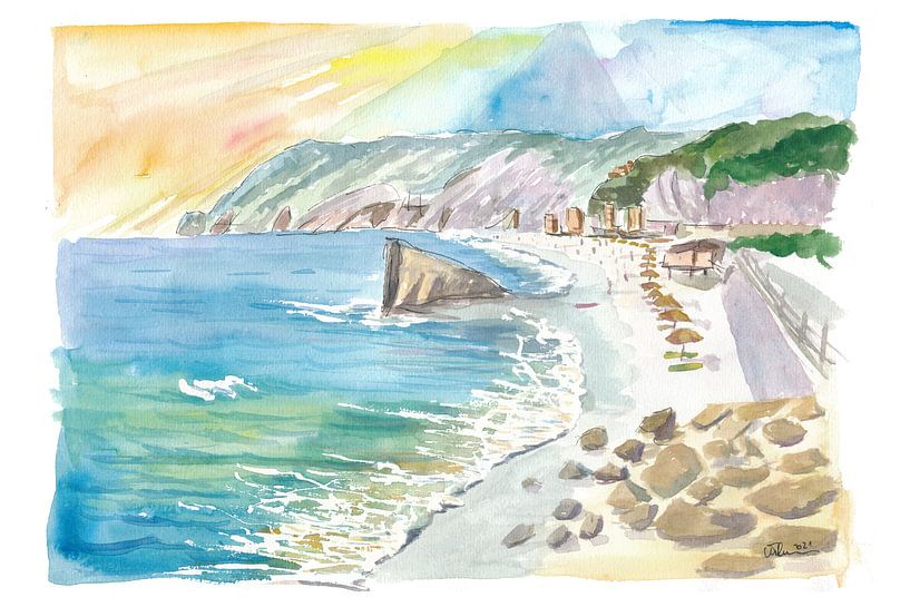 Monterosso al Mare Klassischer 5-Terre-Strand mit Felsen und blauem Meer von Markus Bleichner