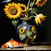 Nature morte surréaliste : poissons et tournesols sur Maud De Vries