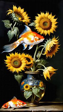 Surrealistisch stilleven vissen en zonnebloemen van Maud De Vries