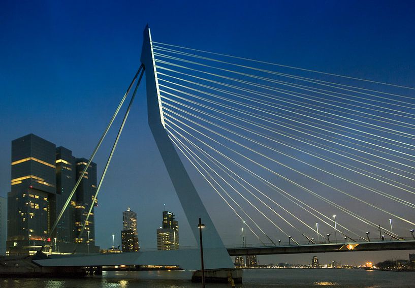 Zicht op de Erasmusbrug en De Rotterdammer bij nacht van Anouschka Hendriks