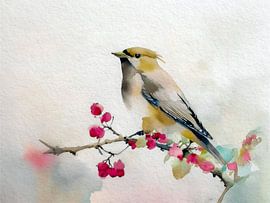 Sereen Aquarel schilderij: Vogel op tak met besjes