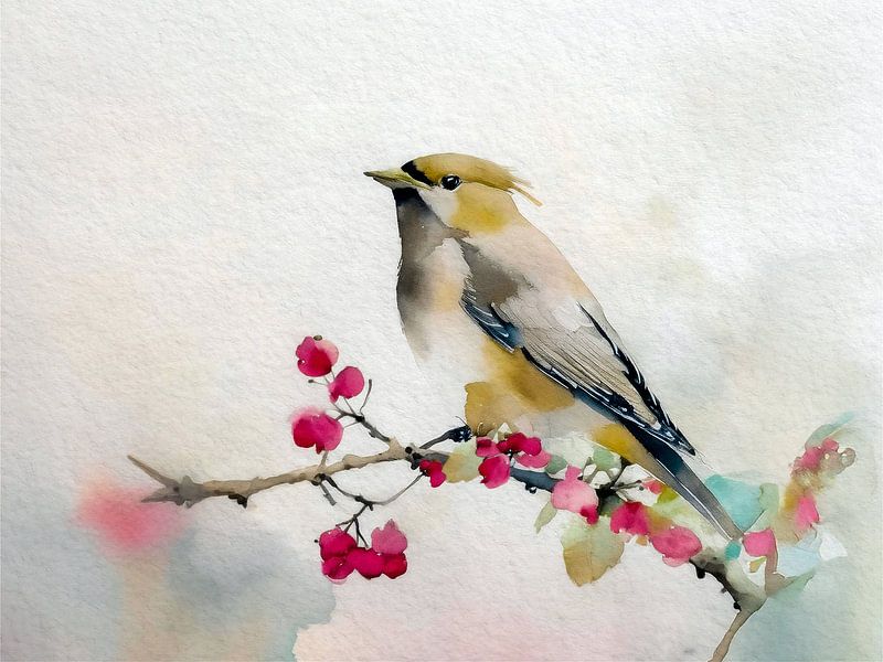 Sereen Aquarel schilderij: Vogel op tak met besjes van Studio Pieternel