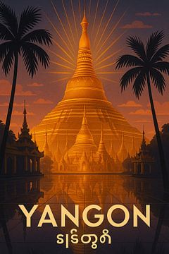 Yangon Vintage Travel Poster - Shwedagon Pagode & Golden Stupa Kunst