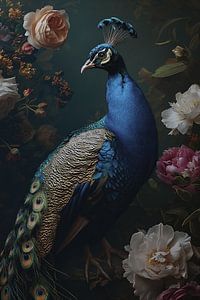 Nature morte au paon avec des fleurs