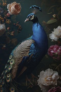 Peacock still life with flowers by Digitale Schilderijen