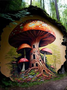 Märchenwelt Wald Pilzhaus Fliegenpilz Moos Wurzeln surreal