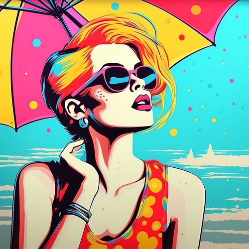 Vrouw onder de parasol aan het strand