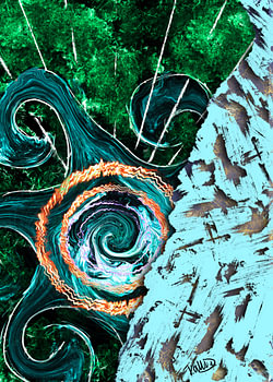 Abstracte collagetechniek in turkoois, groen en oranje