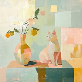 Sunny scene with cat and flowers