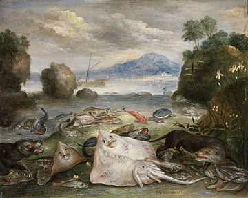 Zeedieren, vissen en otters op het strand, Jan van Kessel, Jan van Kessel