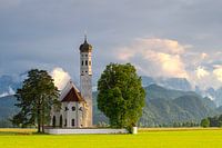 Zonsondergang St. Colomankirche, Schwangau Duitsland