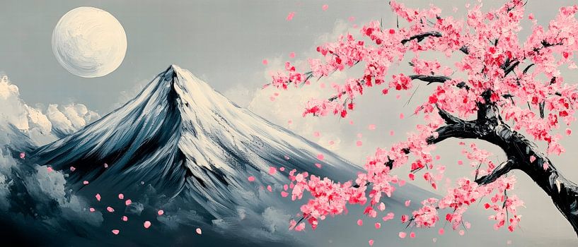Mountain and cherry blossoms in the moonlight by Poster Art Shop