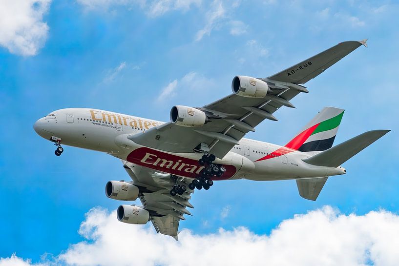 Airplane Airbus A380-800 of Emirates flying over by Sjoerd van der Wal Photography