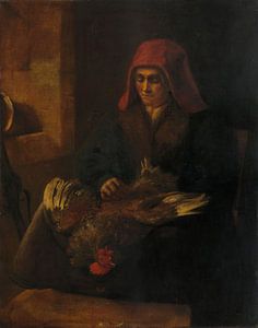 Alte Frau beim Rupfen eines Huhns, 1655