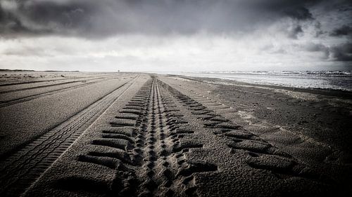 bandensporen op het strand van Vlieland, in de richting van de Vliehors