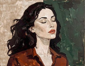 triptyque - 2 de 3 - portrait femme aux cheveux noirs - rouille brun vert et beige