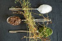Salt, tapenade, dill & fresh thyme on slate