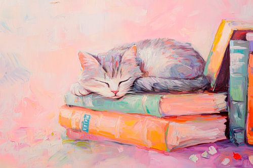 Slapende kat op boeken