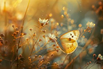 Photo of a butterfly in a flower meadow, with warm golden and brown tones by Joriali photography and paintings