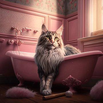 Beautiful Maine Coon cat in a pink bath van Natasja Haandrikman