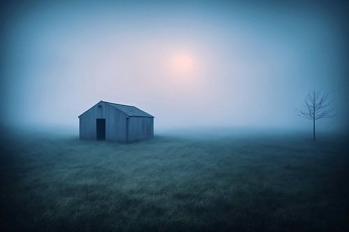 Verlaten hut in de mist