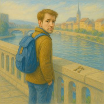 Die Brücke über. Mann mit Rucksack. Zwischen zwei Welten, voller Erwartung und Zweifel von Basahen