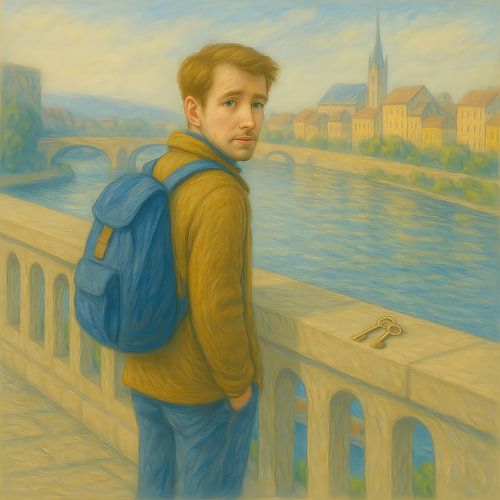 Le pont au-dessus. Homme avec sac à dos. Entre deux mondes, plein d'attentes et de doutes