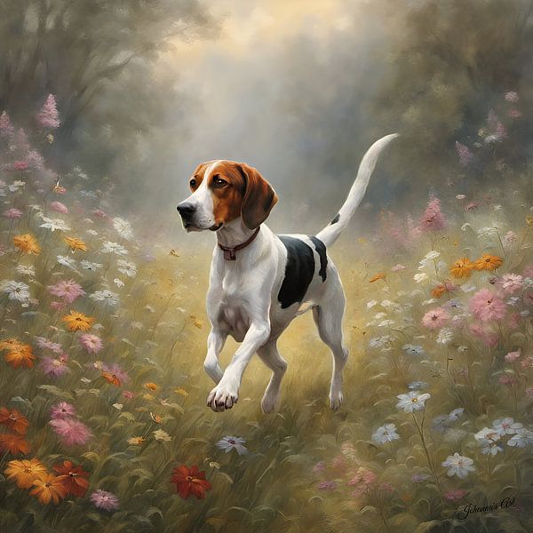Treeing Walker Coonhound spelend in een bloemenveld van Johannas Art Creations